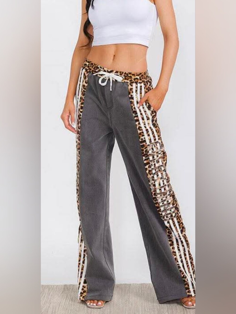 Leopard-Trim Gray Wide-Leg Jogger Pants